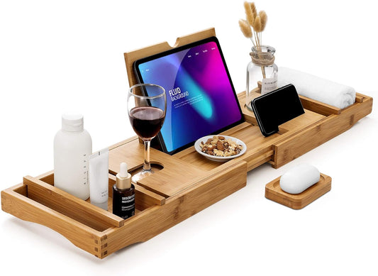 Bamboo Bathtub Caddy Tray Durable, Non-Slip, One or Two Person Bath and Bed Tray, Extending Sides Fits Any Tub, Cellphone and Wineglass Holder, Free Soap Holder -Yellow